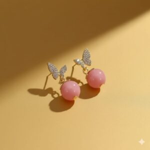 crystal butterfly & pink bead drop earrings
