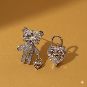 crystal bear and heart lock asymmetric earrings